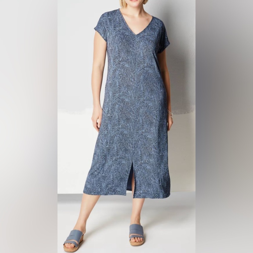 J. Jill - New - V-Neck T-Shirt Midi Dress In Blue Heron Palm Texture. Xsp